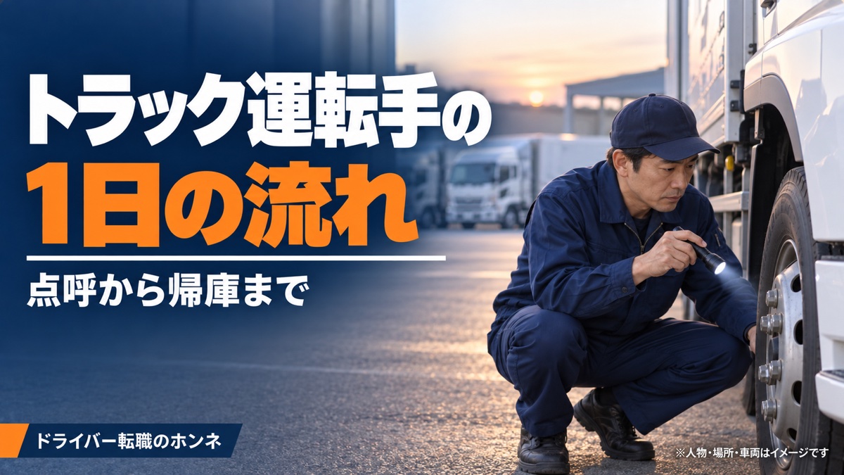 トラック運転手の1日の流れ 点呼から帰庫まで。人物・場所・車両はイメージです。